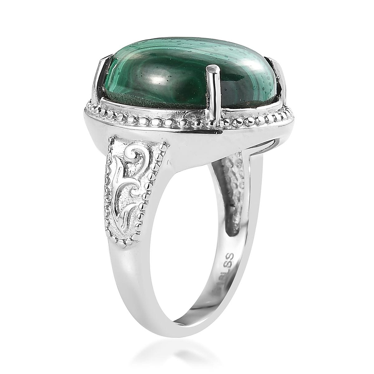 African Malachite Solitaire Ring in Stainless Steel (Size 9.0) 15.00 ctw , Tarnish-Free, Waterproof, Sweat Proof Jewelry image number 3