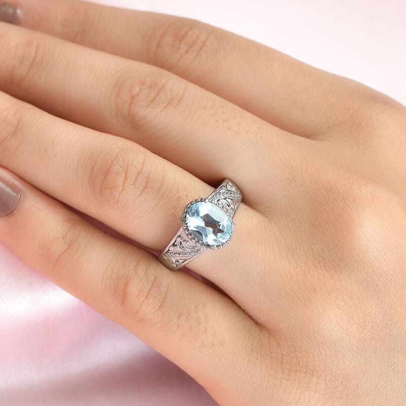 Blue Topaz Solitaire Ring in Stainless Steel (Size 11.0) 2.25 ctw | Tarnish-Free, Waterproof, Sweat Proof Jewelry