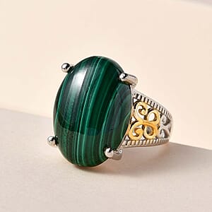 Karis African Malachite Solitaire Ring in 18K YG Plated and Platinum Bond (Size 10.0) 13.35 ctw