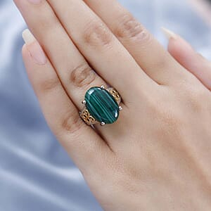 Karis African Malachite Solitaire Ring in 18K YG Plated and Platinum Bond (Size 10.0) 13.35 ctw