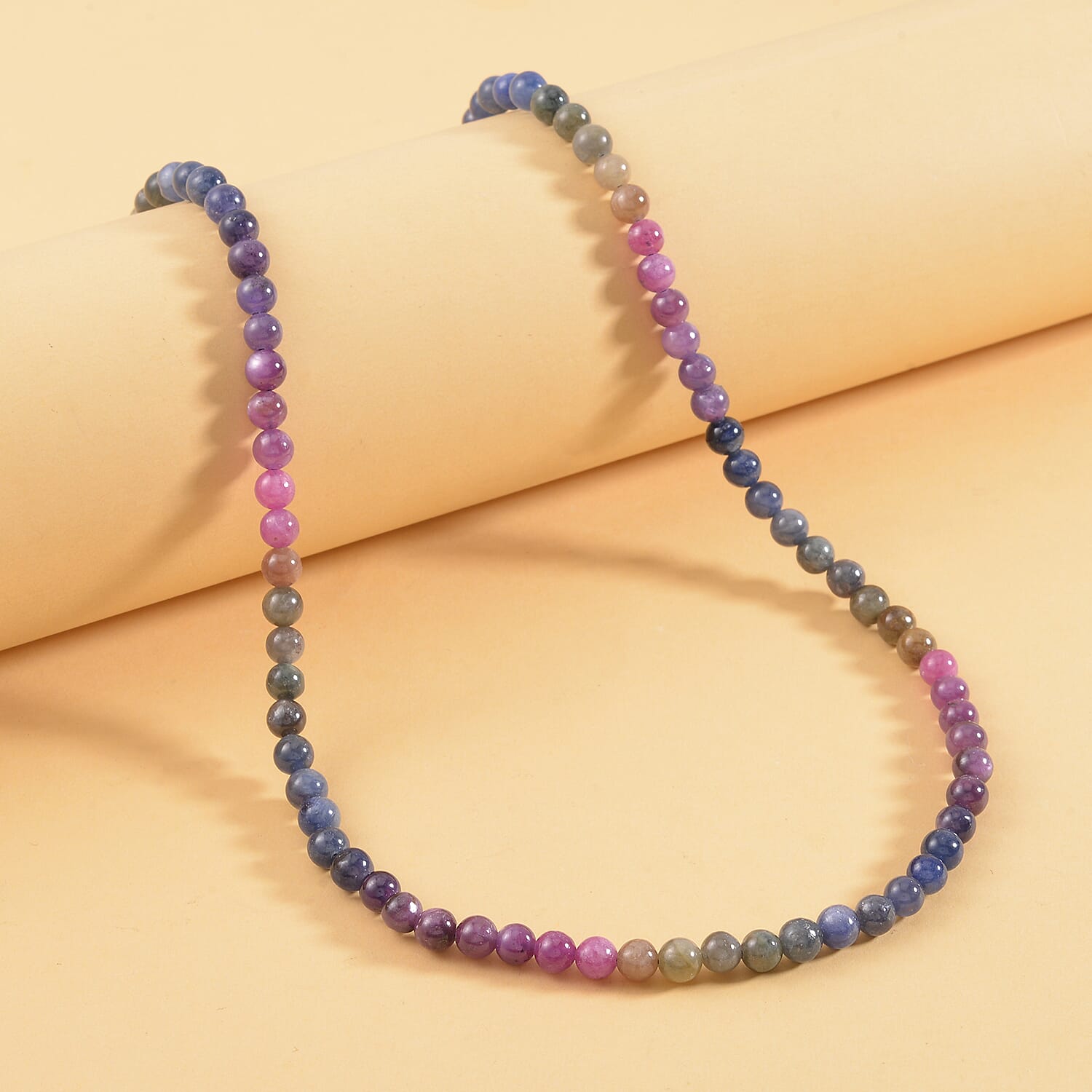 Multi Sapphire and African Ruby (FF) Beaded Necklace 20 Inches in Rhodium Over Sterling Silver 169.20 ctw