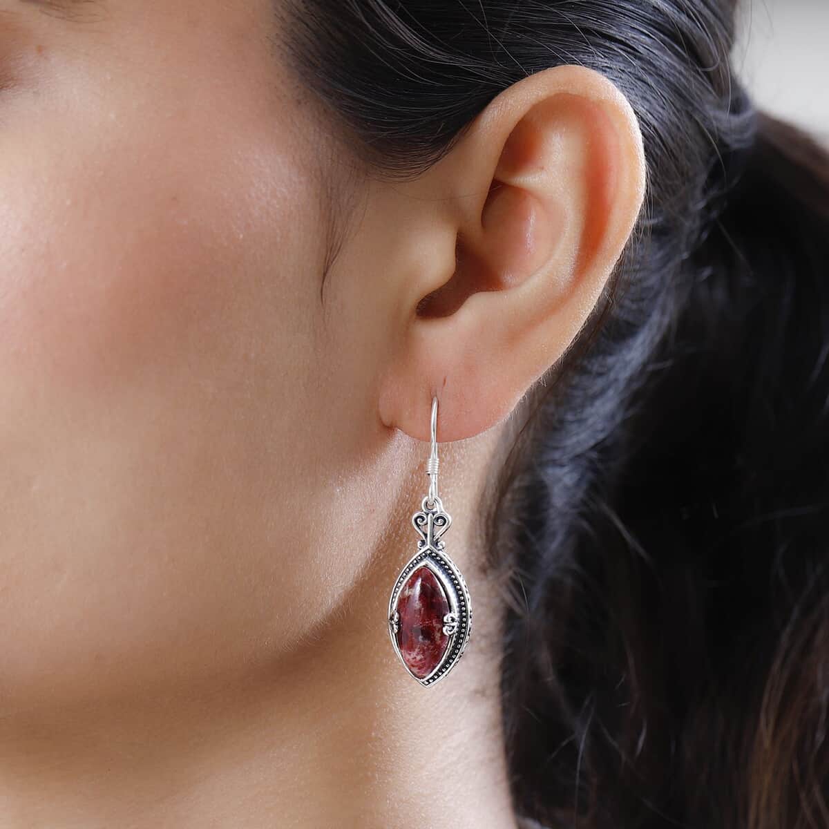 Artisan Crafted Norwegian Thulite Dangling Earrings in Sterling Silver 15.65 ctw image number 2