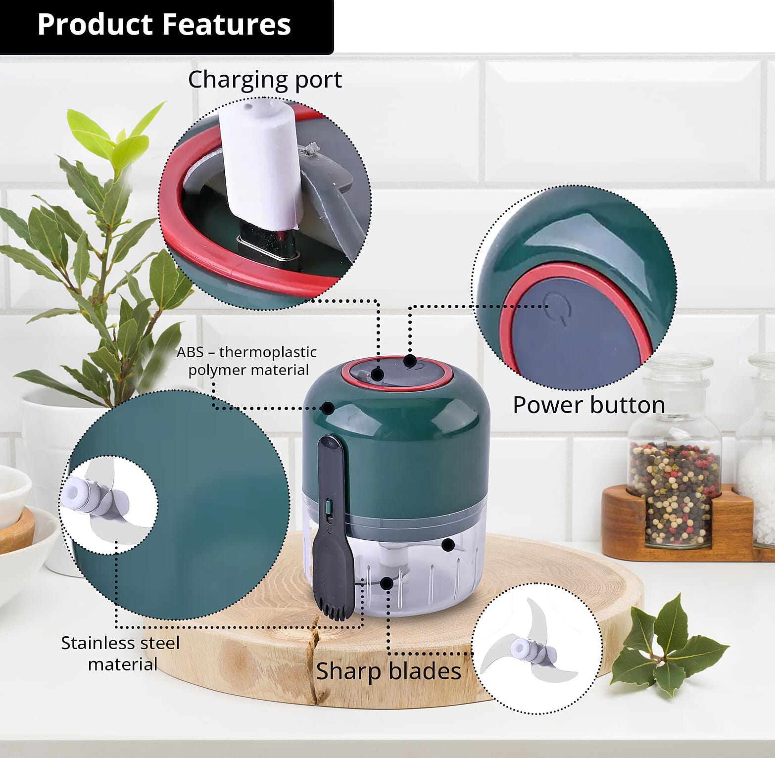 Green Rechargeable Portable and Cordless Garlic Chopper with USB Cable (Battery Capacity 1200mAh)