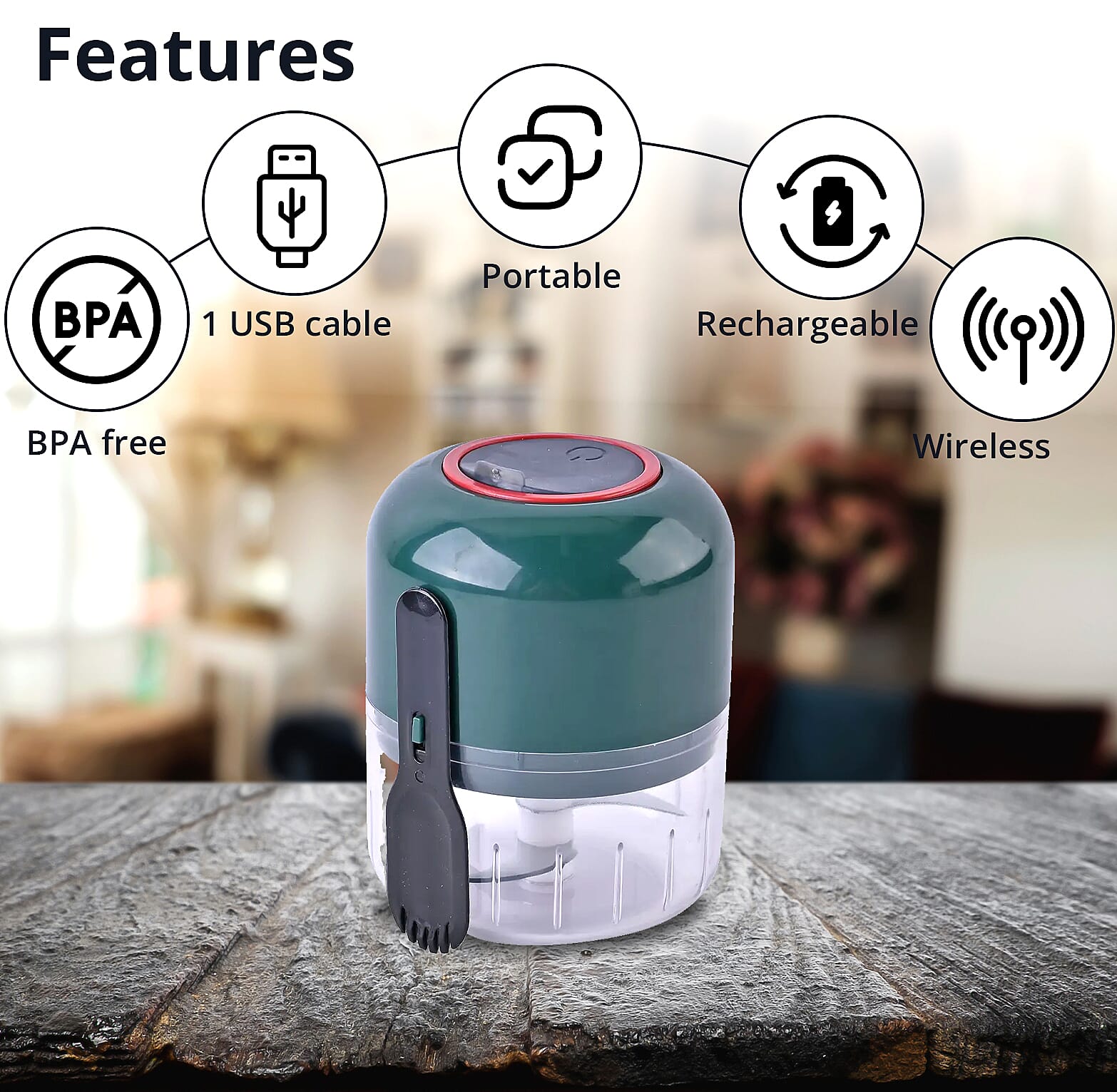 Green Rechargeable Portable and Cordless Garlic Chopper with USB Cable (Battery Capacity 1200mAh)