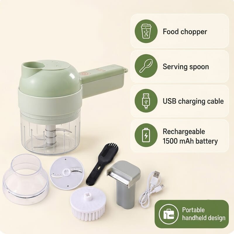 Homesmart 4-in-1 Handheld Rechargeable Food Chopper with USB Cable (Battery Capacity 1500mAh)