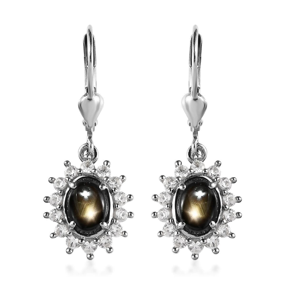 Bankacha Natural Black Star Sapphire and White Zircon Lever Back Earrings in Platinum Over Sterling Silver 3.70 ctw image number 0