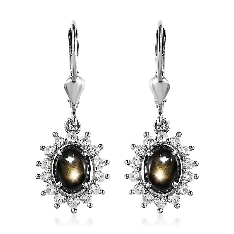 Bankacha Natural Black Star Sapphire and White Zircon Lever Back Earrings in Platinum Over Sterling Silver 3.70 ctw