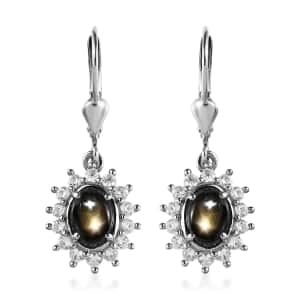 Bankacha Natural Black Star Sapphire and White Zircon Lever Back Earrings in Platinum Over Sterling Silver 3.70 ctw