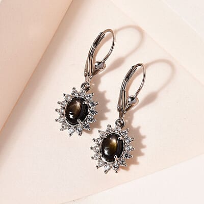 Bankacha Natural Black Star Sapphire and White Zircon Lever Back Earrings in Platinum Over Sterling Silver 3.70 ctw