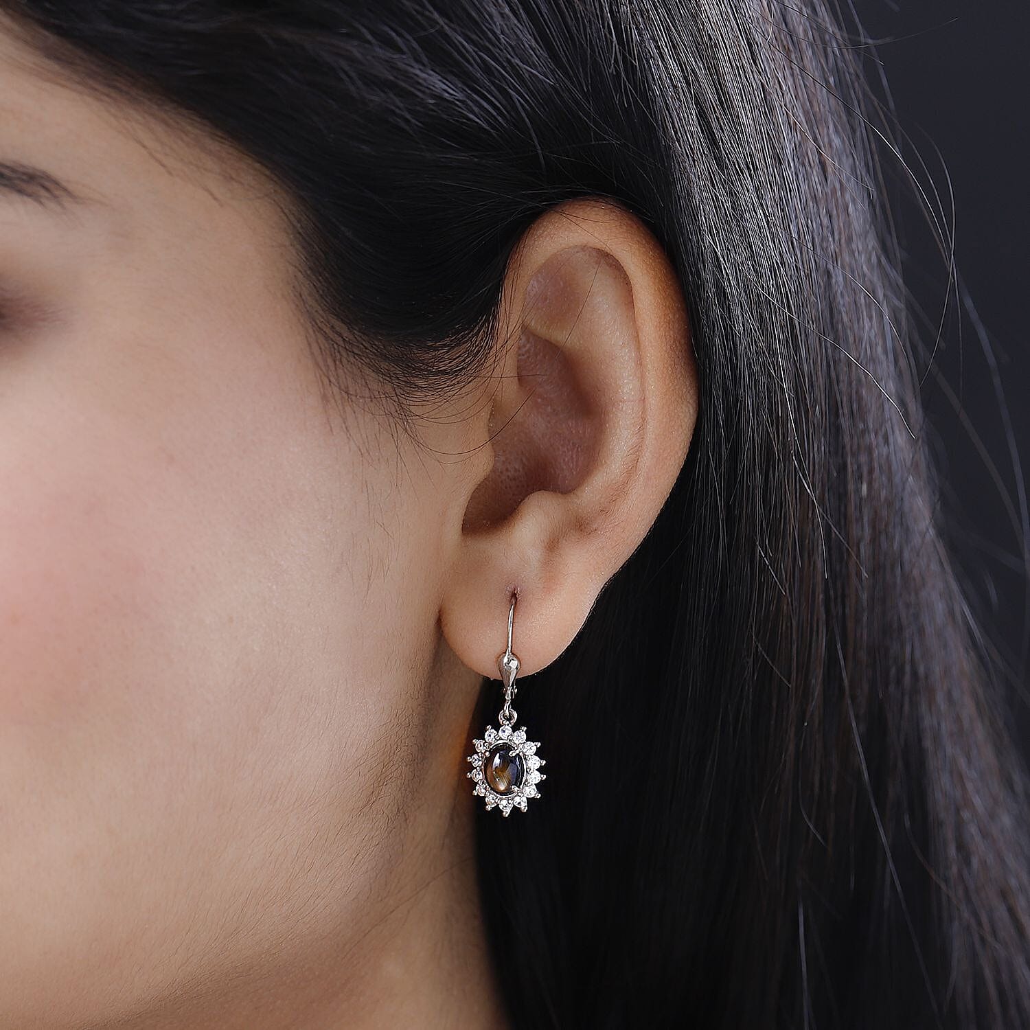 Bankacha Natural Black Star Sapphire and White Zircon Lever Back Earrings in Platinum Over Sterling Silver 3.70 ctw