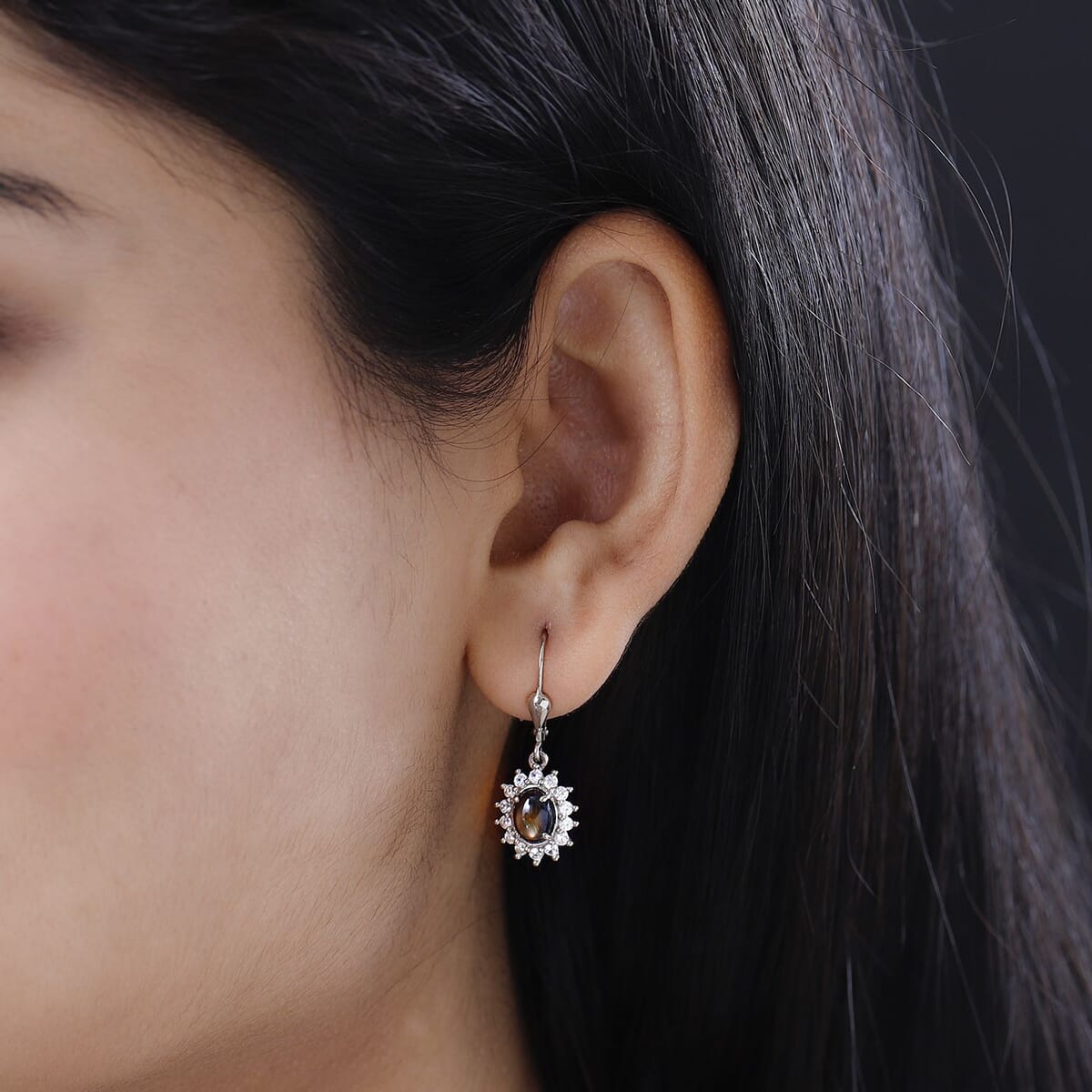 Bankacha Natural Black Star Sapphire and White Zircon Lever Back Earrings in Platinum Over Sterling Silver 3.70 ctw image number 2