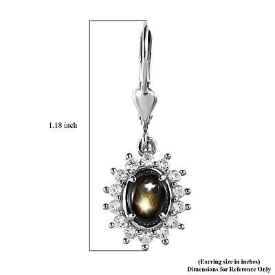 Bankacha Natural Black Star Sapphire and White Zircon Lever Back Earrings in Platinum Over Sterling Silver 3.70 ctw