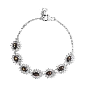 Bankacha Natural Black Star Sapphire and White Zircon Halo Link Bracelet with Extender in Platinum Over Sterling Silver (6.50-8.00In) 9.50 ctw