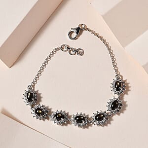 D'Joy Bankacha Natural Black Star Sapphire and White Zircon Halo Link Bracelet in Platinum Over Sterling Silver (6.50-7.25In) 9.50 ctw (7.25 In)