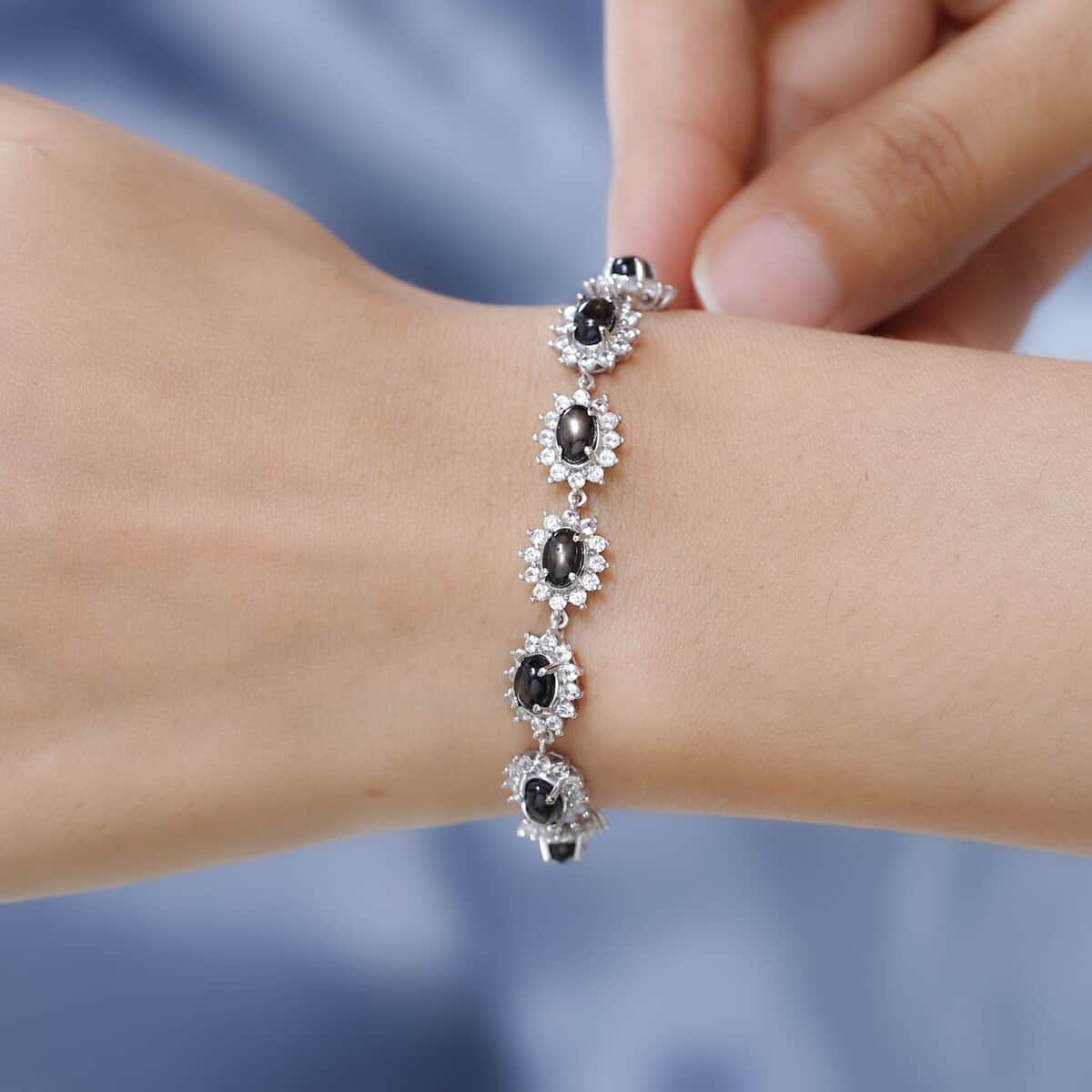 Bankacha Natural Black Star Sapphire and White Zircon Halo Link Bracelet with Extender in Platinum Over Sterling Silver (6.50-8.00In) 9.50 ctw image number 2