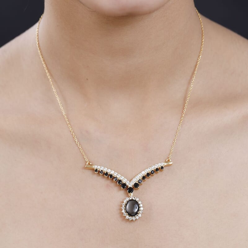 Bankacha Natural Black Star Sapphire and Multi Gemstone 9.25 ctw Necklace in Vermeil Yellow Gold Over Sterling Silver 18-20 Inches