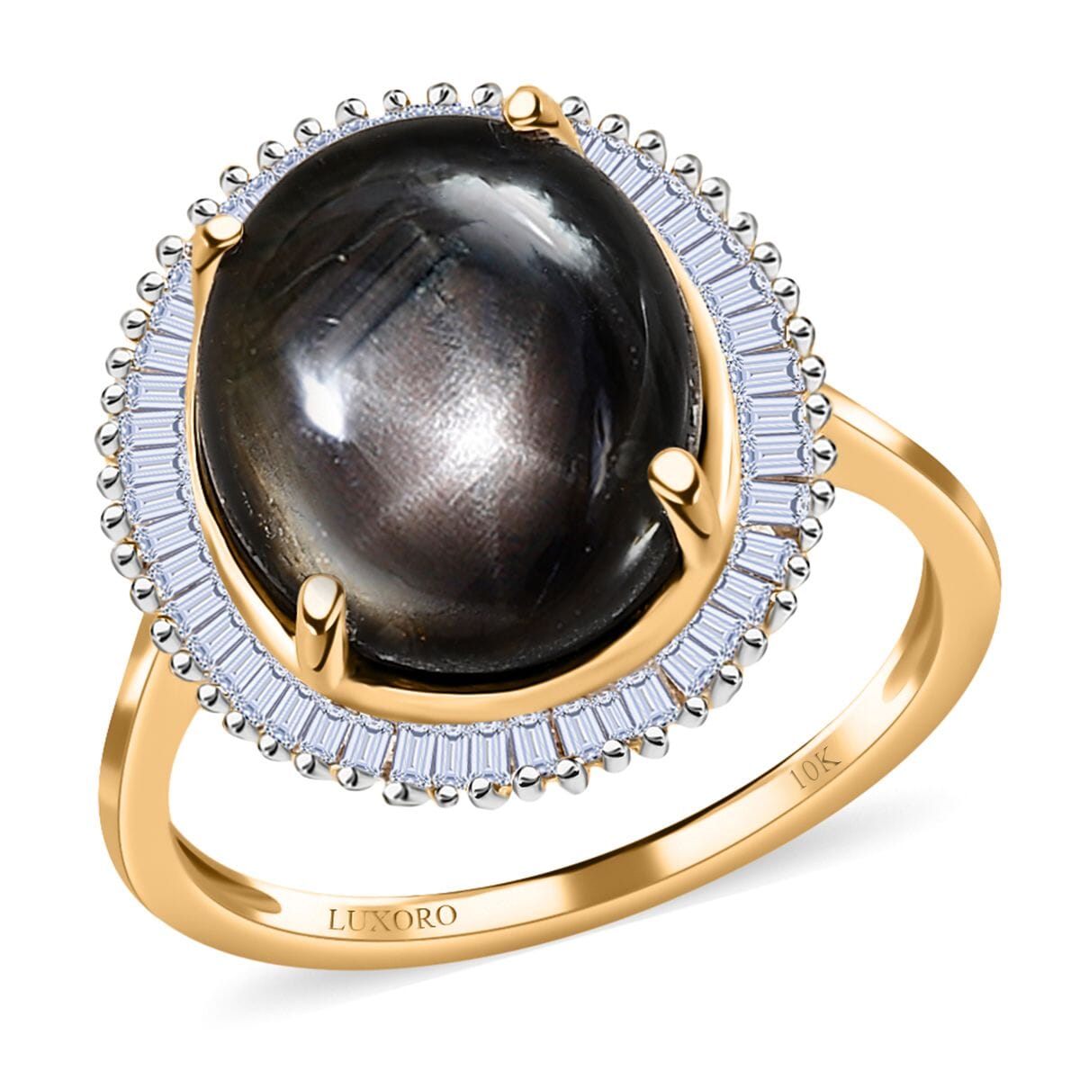 Luxoro 10K Yellow Gold Premium Bankacha Natural Black Star Sapphire and G-H I3 Diamond Halo Ring (Size 10.0) 8.00 ctw image number 0