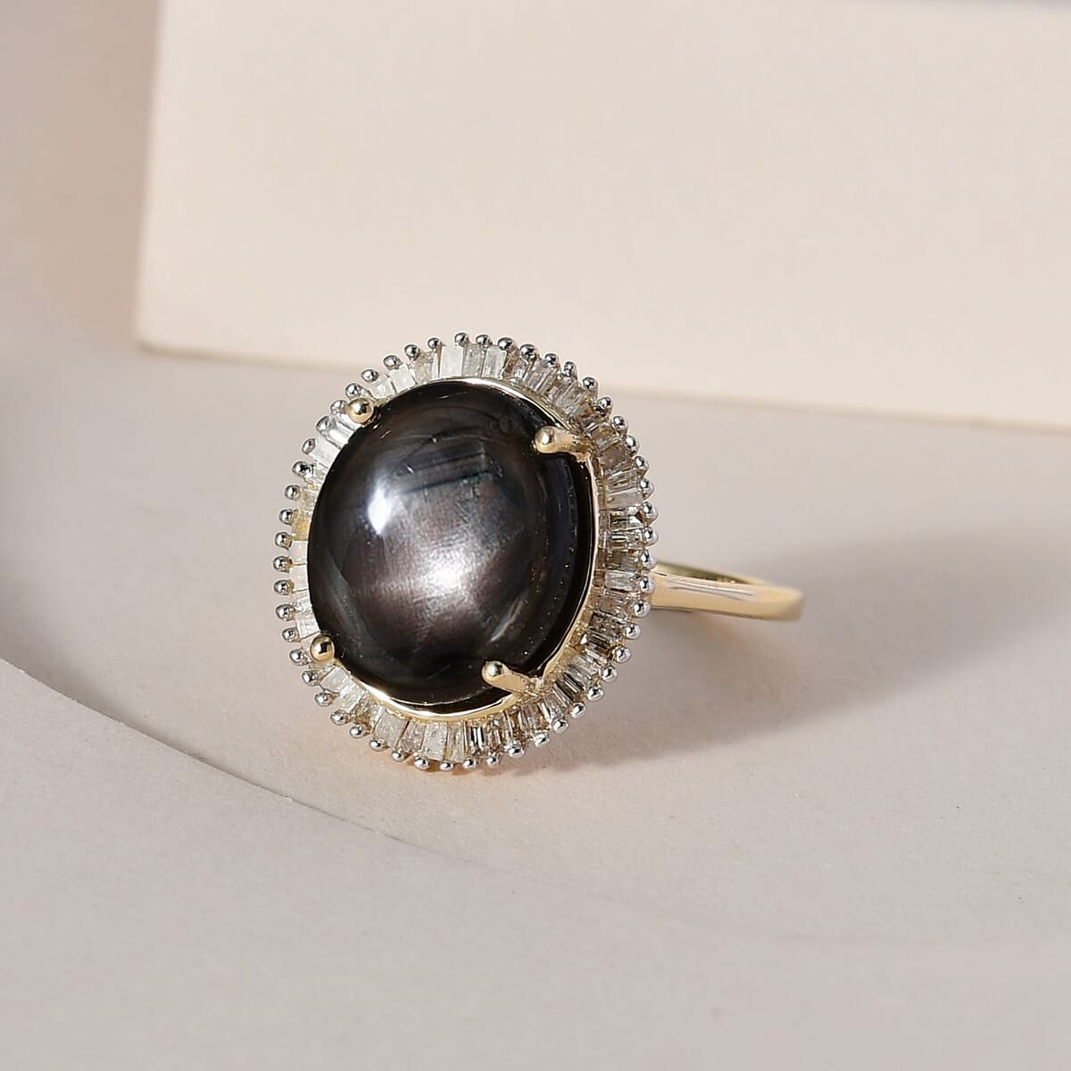 Luxoro 10K Yellow Gold Premium Bankacha Natural Black Star Sapphire and G-H I3 Diamond Halo Ring (Size 10.0) 8.00 ctw image number 1