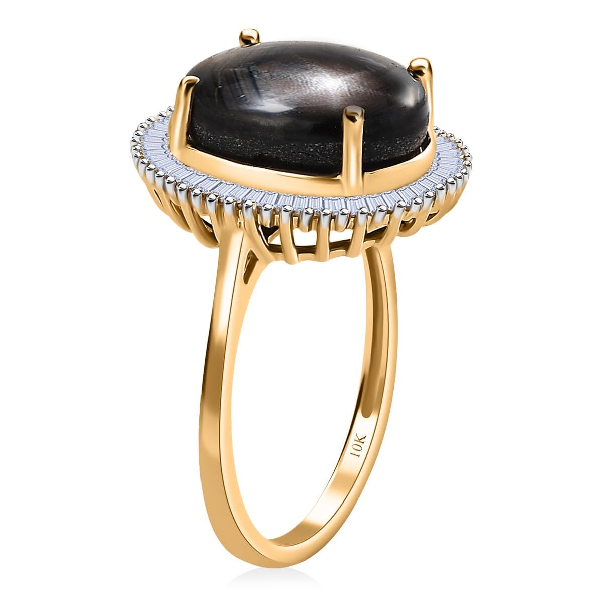 Luxoro 10K Yellow Gold Premium Bankacha Natural Black Star Sapphire and G-H I3 Diamond Halo Ring (Size 10.0) 8.00 ctw image number 3