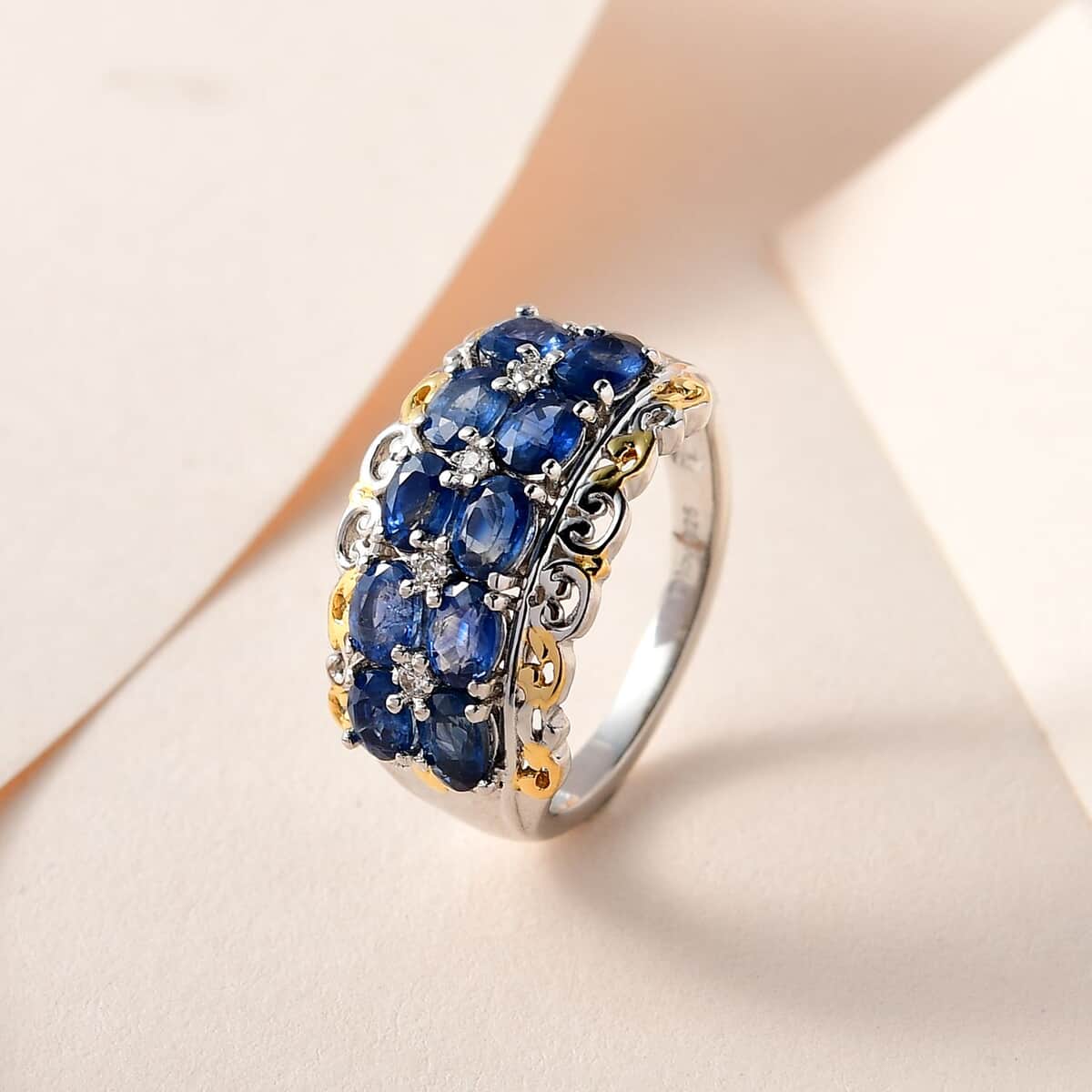 Premium Kanchanaburi Blue Sapphire and White Zircon Ring in Vermeil Yellow Gold and Platinum Over Sterling Silver 2.25 ctw image number 1