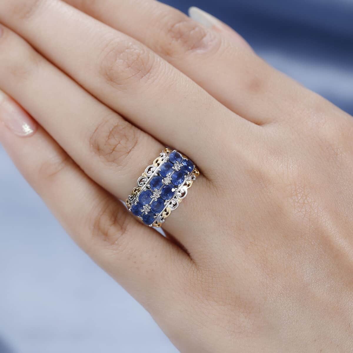 Premium Kanchanaburi Blue Sapphire and White Zircon Ring in Vermeil Yellow Gold and Platinum Over Sterling Silver 2.25 ctw image number 2