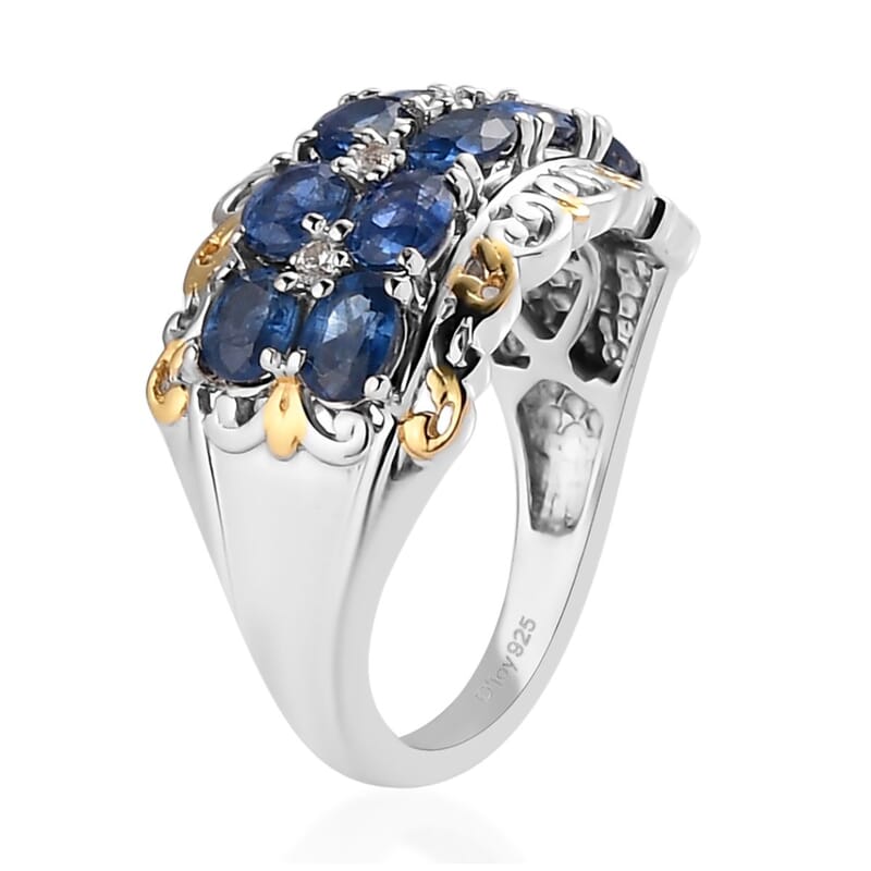 Premium Kanchanaburi Blue Sapphire and White Zircon Ring in Vermeil Yellow Gold and Platinum Over Sterling Silver (Size 10.0) 2.25 ctw