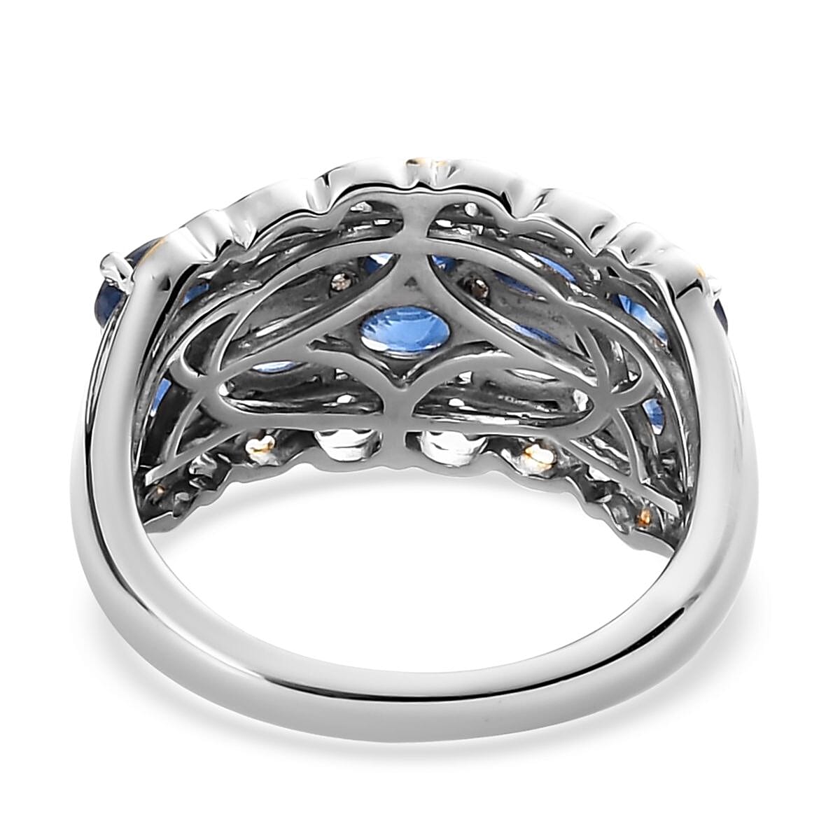 Premium Kanchanaburi Blue Sapphire and White Zircon Ring in Vermeil Yellow Gold and Platinum Over Sterling Silver (Size 10.0) 2.25 ctw