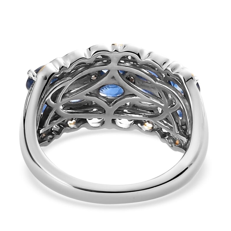 Premium Kanchanaburi Blue Sapphire and White Zircon Ring in Vermeil Yellow Gold and Platinum Over Sterling Silver (Size 10.0) 2.25 ctw