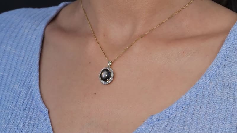 Luxoro 10K Yellow Gold Premium Bankacha Natural Black Star Sapphire and G-H I3 Diamond Halo Pendant 7.00 ctw
