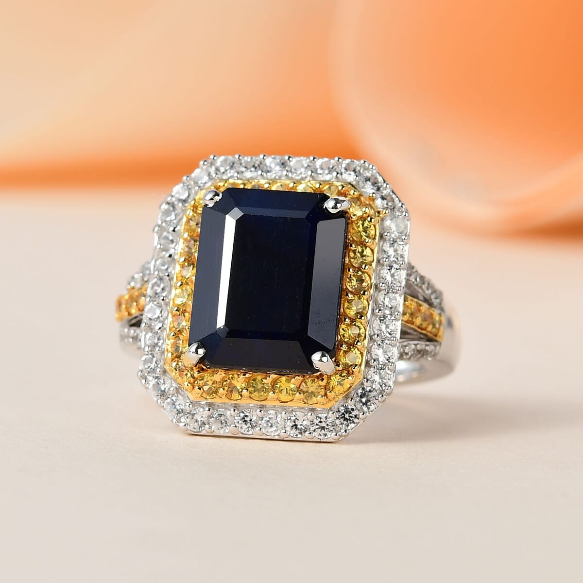 Madagascar Blue Sapphire (DF) and Multi Gemstone Cocktail Ring in Vermeil YG and Platinum Over Sterling Silver 6.25 ctw image number 1