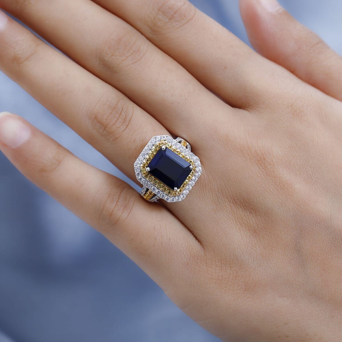 Madagascar Blue Sapphire (DF) and Multi Gemstone Cocktail Ring in Vermeil YG and Platinum Over Sterling Silver 6.25 ctw image number 2