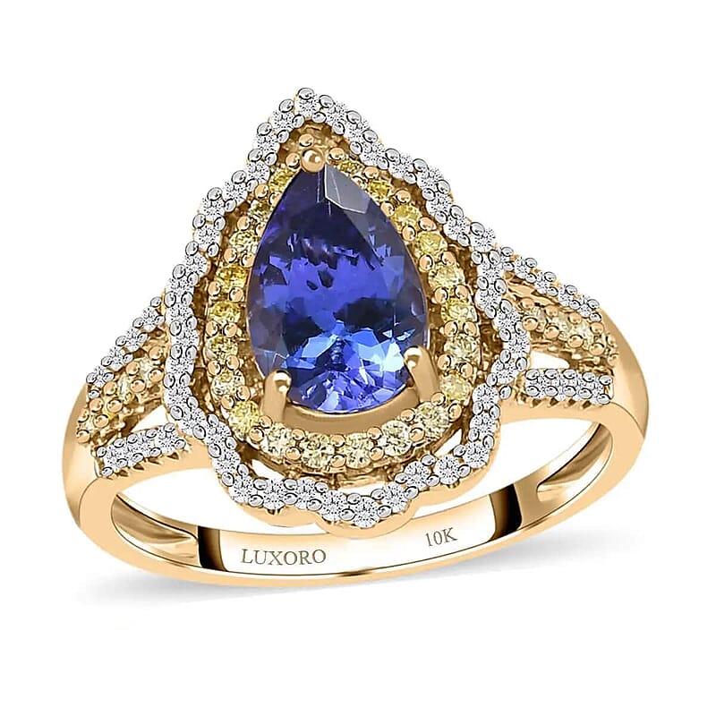 Luxoro 10K Yellow Gold Premium Tanzanite, I3 Natural Yellow and White Diamond Split Shank Double Halo Ring, Promise Rings (Size 7.0) 1.85 ctw