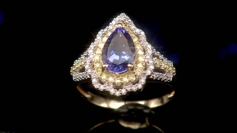 Luxoro 10K Yellow Gold Premium Tanzanite, Natural Yellow and White Diamond (I3) (0.33 cts) Split Shank Double Halo Ring (Size 7.0) (Del. in 15-20 Days) 1.85 ctw