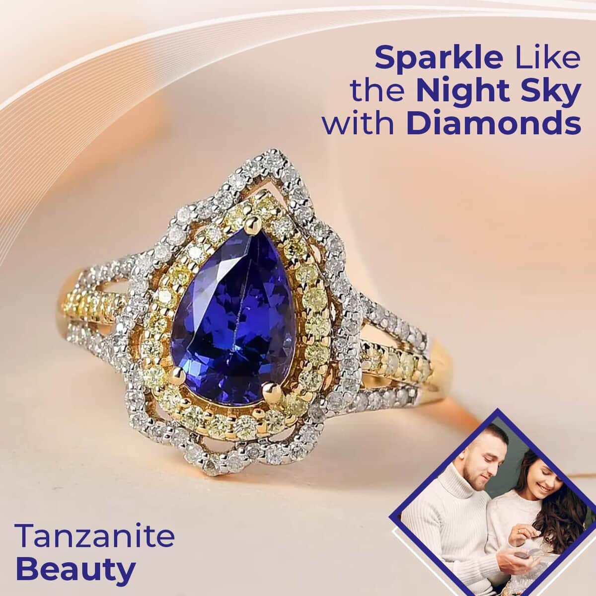Luxoro 10K Yellow Gold Premium Tanzanite, Natural Yellow and White Diamond (I3) (0.33 cts) Split Shank Double Halo Ring (Size 7.0) (Del. in 15-20 Days) 1.85 ctw image number 1