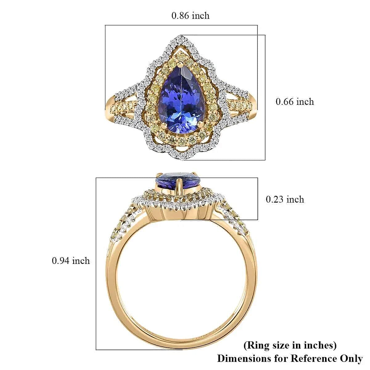Luxoro 10K Yellow Gold Premium Tanzanite, I3 Natural Yellow and White Diamond Split Shank Double Halo Ring, Promise Rings (Size 7.0) 1.85 ctw