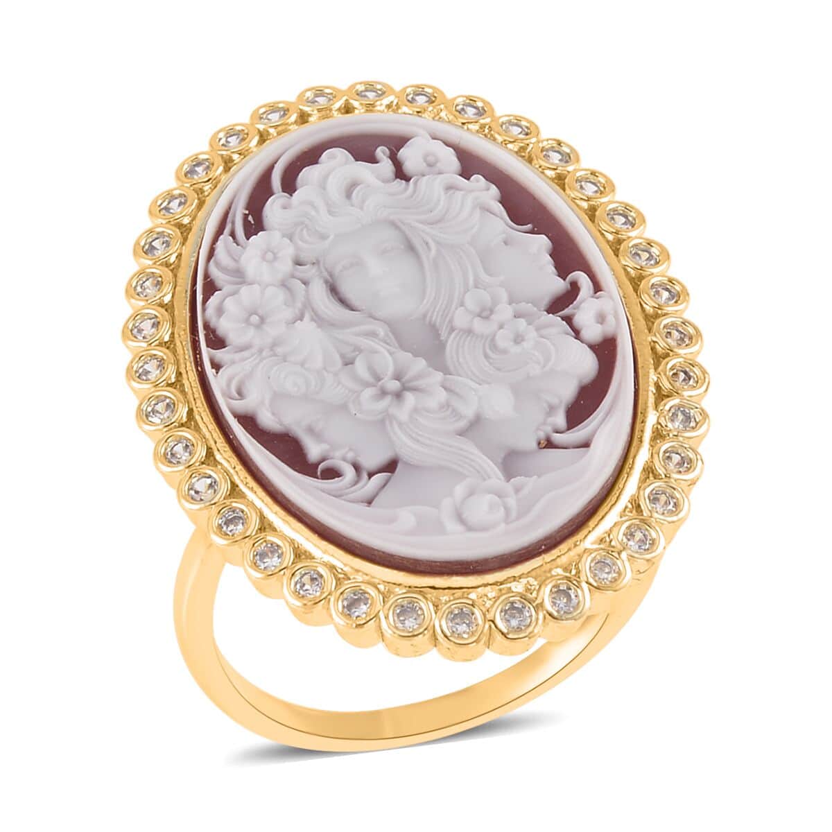 Red Cameo and Simulated Diamond Ring in Goldtone 3.20 ctw image number 0