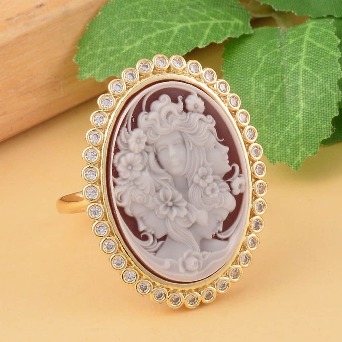 Red Cameo and Simulated Diamond Ring in Goldtone 3.20 ctw image number 1