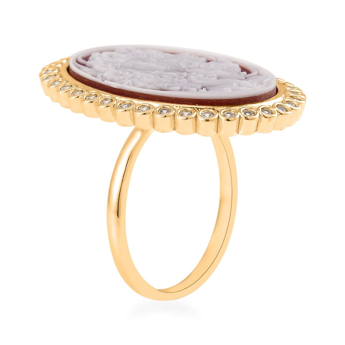 Red Cameo and Simulated Diamond Ring in Goldtone 3.20 ctw image number 3