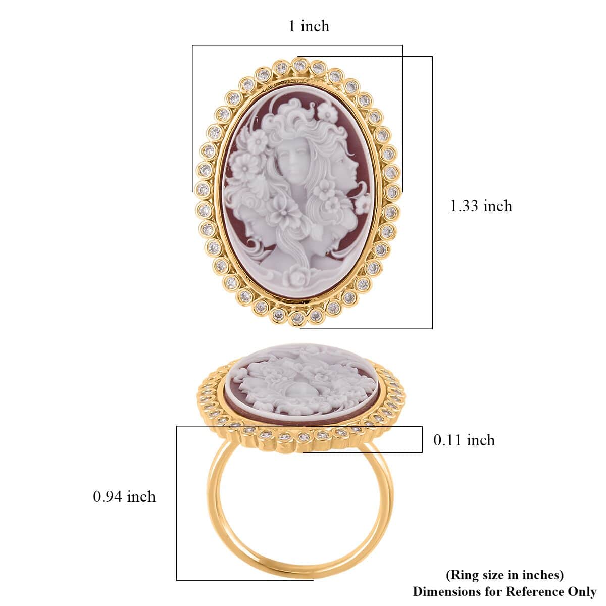 Red Cameo and Simulated Diamond Ring in Goldtone 3.20 ctw image number 5