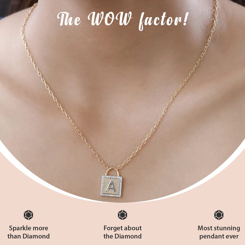 Moissanite Forever Love Lock Initial A Necklace (18 Inches) in Vermeil YG and Platinum Over Sterling Silver 0.25 ctw