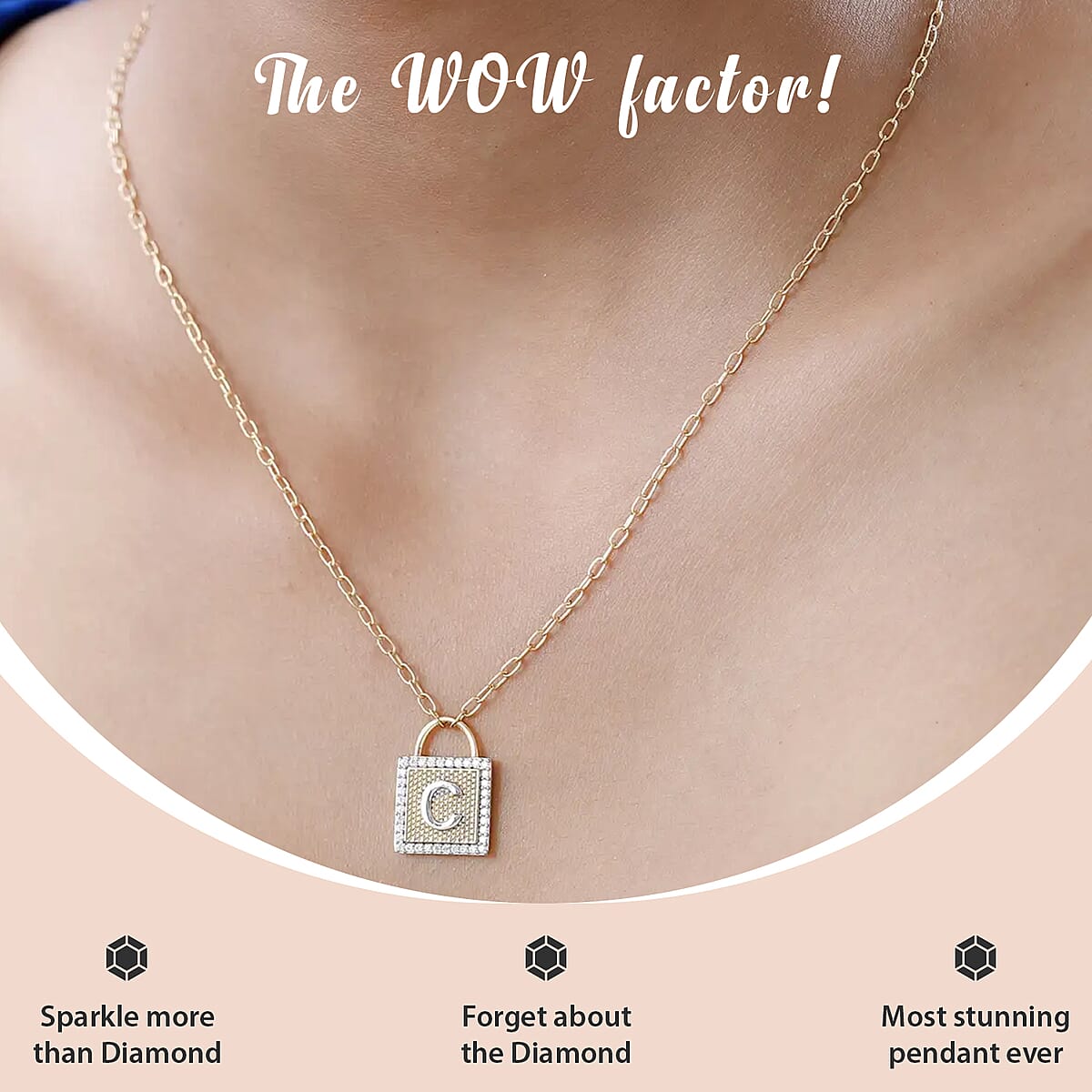 Moissanite Forever Love Lock Initial C Necklace (18 Inches) in Vermeil YG and Platinum Over Sterling Silver 0.25 ctw image number 1
