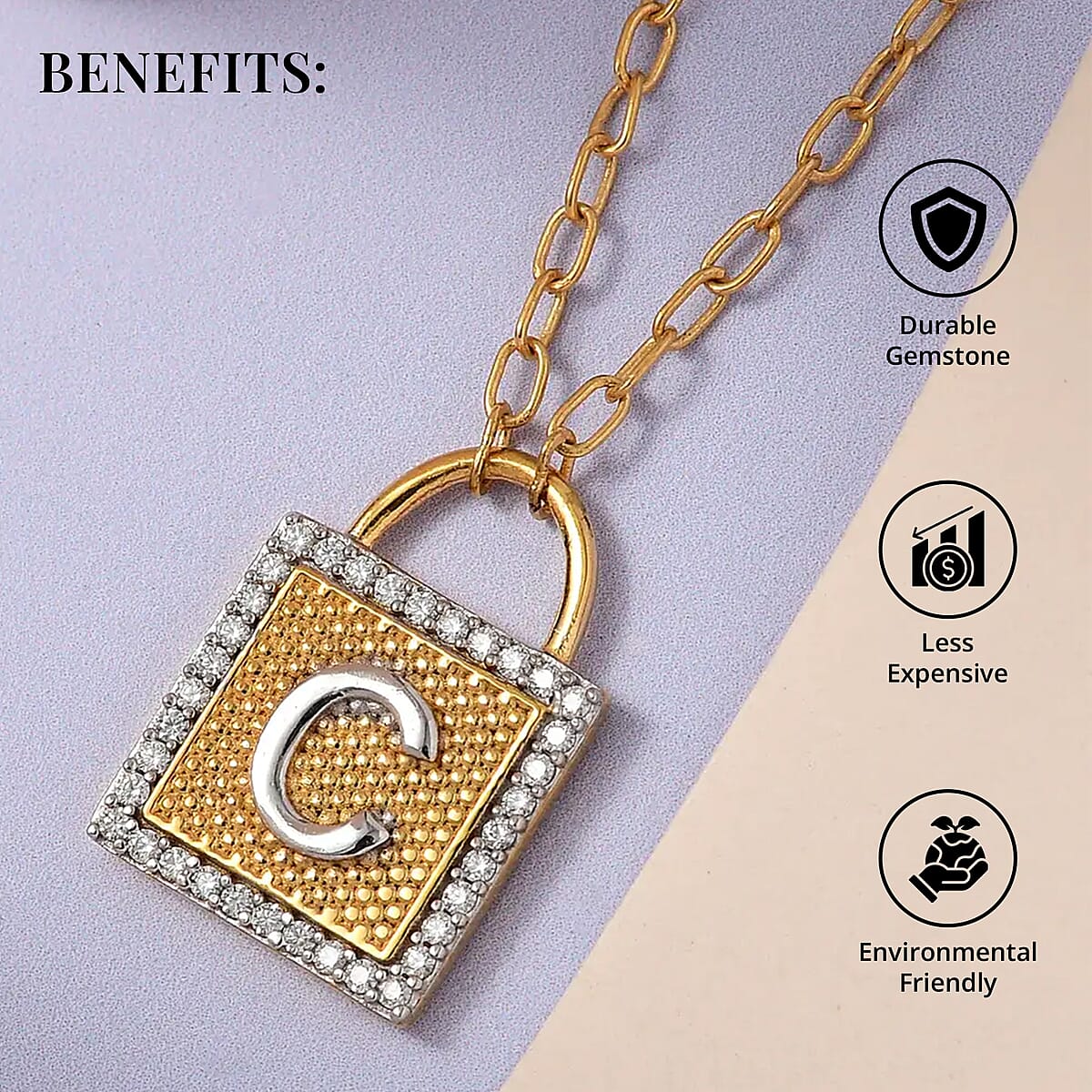 Moissanite Forever Love Lock Initial C Necklace (18 Inches) in Vermeil YG and Platinum Over Sterling Silver 0.25 ctw image number 3