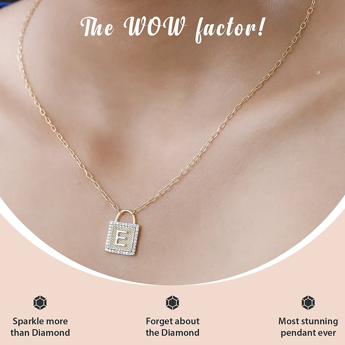 Moissanite Forever Love Lock Initial E Necklace (18 Inches) in Vermeil YG and Platinum Over Sterling Silver 0.25 ctw image number 1