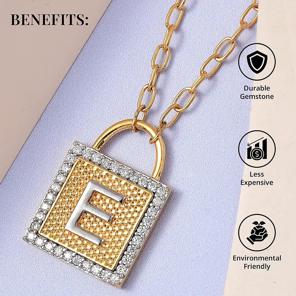 Moissanite Forever Love Lock Initial E Necklace (18 Inches) in Vermeil YG and Platinum Over Sterling Silver 0.25 ctw image number 3