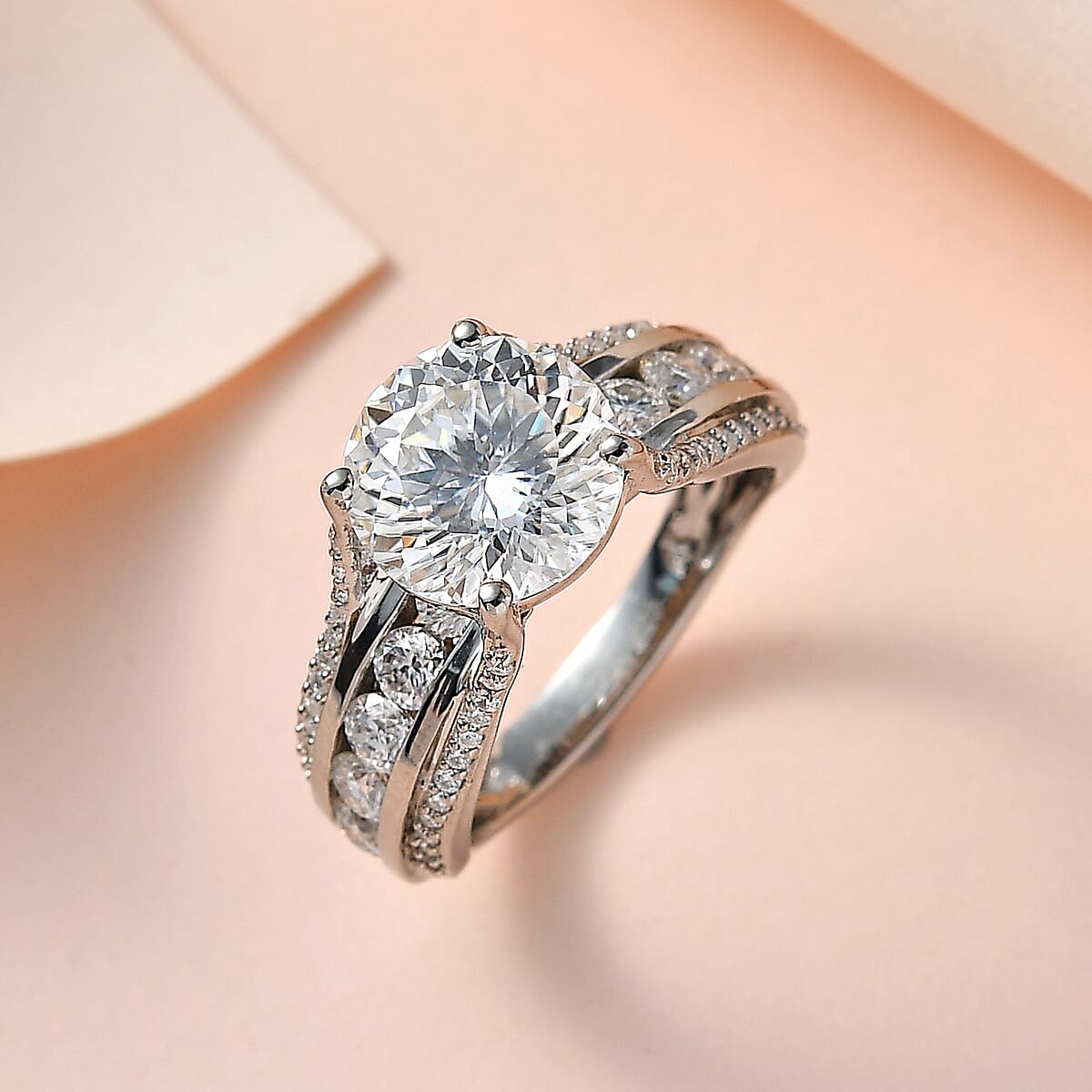 120 Facets Moissanite Bridge Ring in Platinum Over Sterling Silver, Promise Rings (Size 7.0) 4.85 ctw image number 1