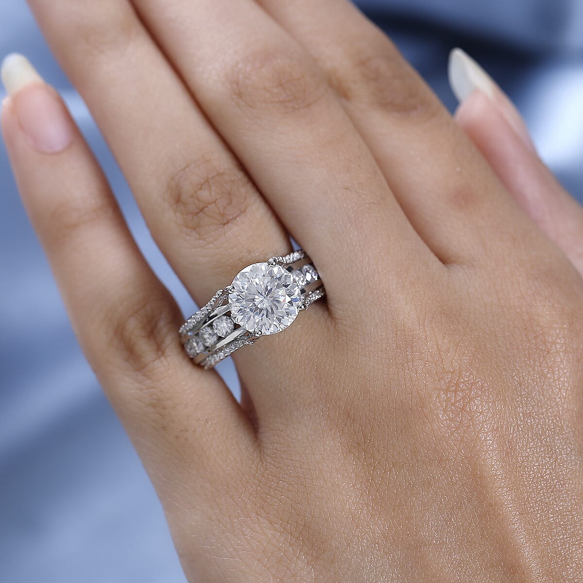 120 Facets Moissanite Bridge Ring in Platinum Over Sterling Silver, Promise Rings (Size 7.0) 4.85 ctw image number 2