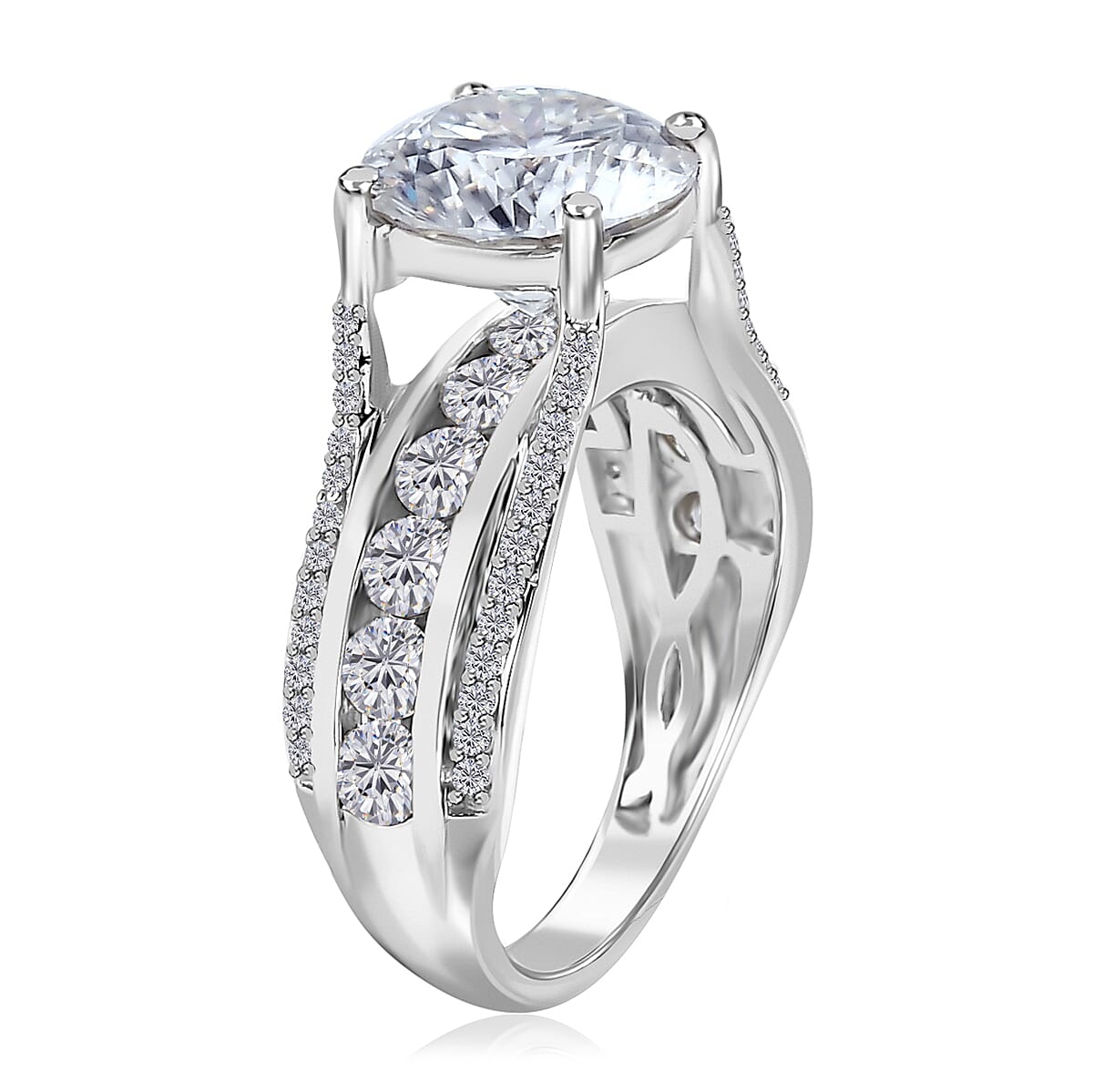 120 Facets Moissanite Bridge Ring in Platinum Over Sterling Silver, Promise Rings (Size 7.0) 4.85 ctw image number 3