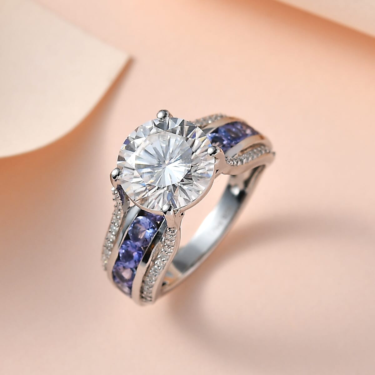 120 Facets Moissanite and Tanzanite Bridge Ring in Platinum Over Sterling Silver, Promise Rings (Size 7.0) 5.10 ctw image number 1