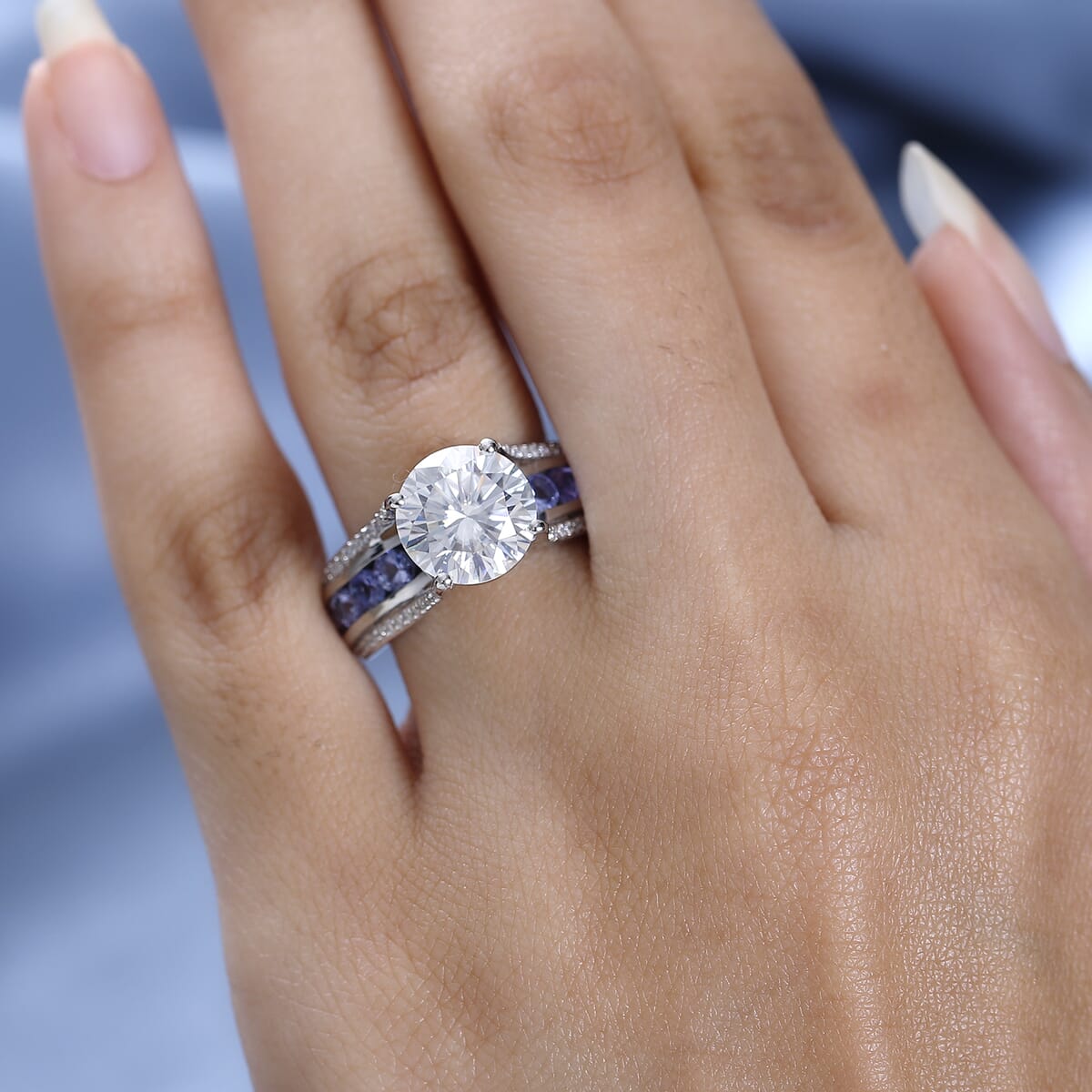120 Facets Moissanite and Tanzanite Bridge Ring in Platinum Over Sterling Silver, Promise Rings (Size 7.0) 5.10 ctw image number 2