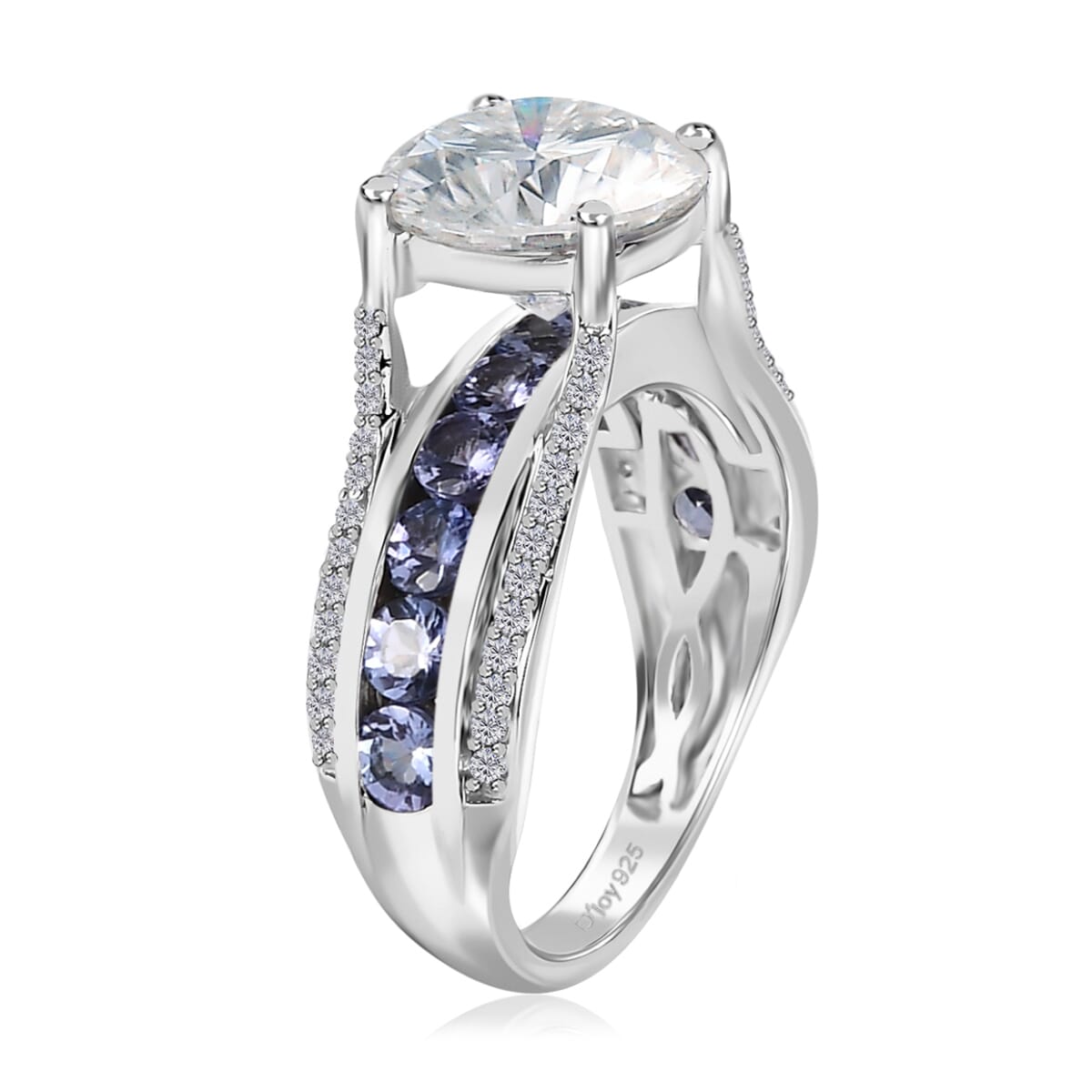 120 Facets Moissanite and Tanzanite Bridge Ring in Platinum Over Sterling Silver, Promise Rings (Size 7.0) 5.10 ctw image number 3